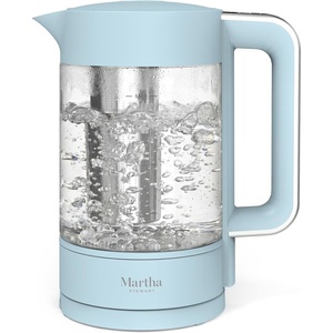 image:imageMartha Stewart Electric Kettle with Removable Stainless Steel Tea Infuser Glass Carafe17L 7 Cups Hot Water Boiler 4 Presets Keep Warm amp Auto ShutOff Cordless 360 Swivel Base Linen CreamSky Blue